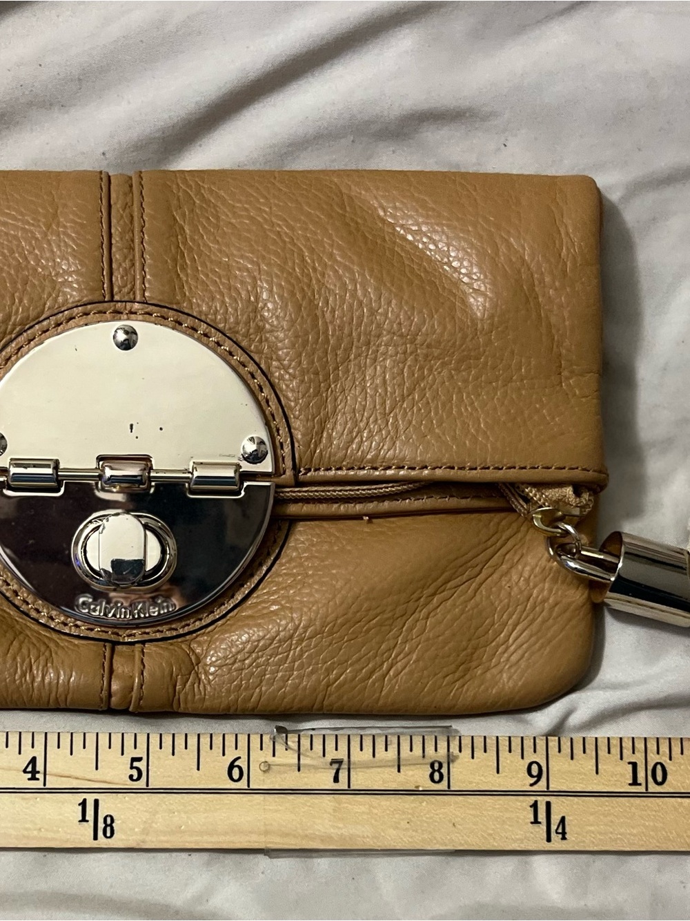 Calvin Klein Caramel Tan Leather Wristlet Clutch with Polished Silver Hardware
